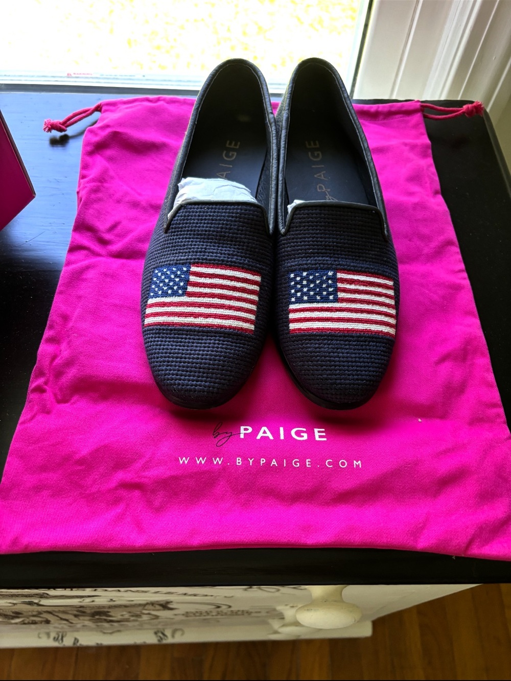 PAIGE Navy Slip-On Loafers with Embroidered American Flag